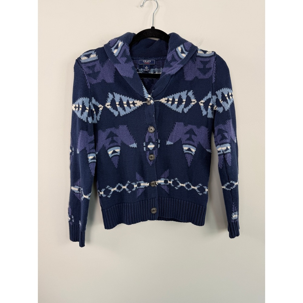 Vintage Chaps Denim Cardigan Sweater Navy Blue S Southwestern Shawl Collar Boho